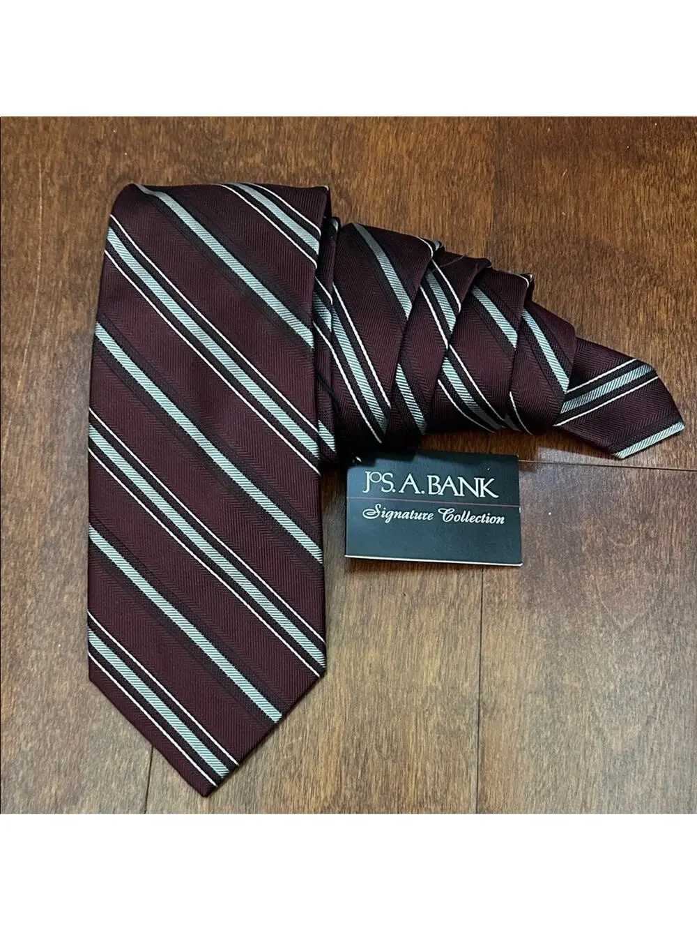Jos. A. Bank 100% Silk Burgundy and Silver Striped Tie, New with Tags